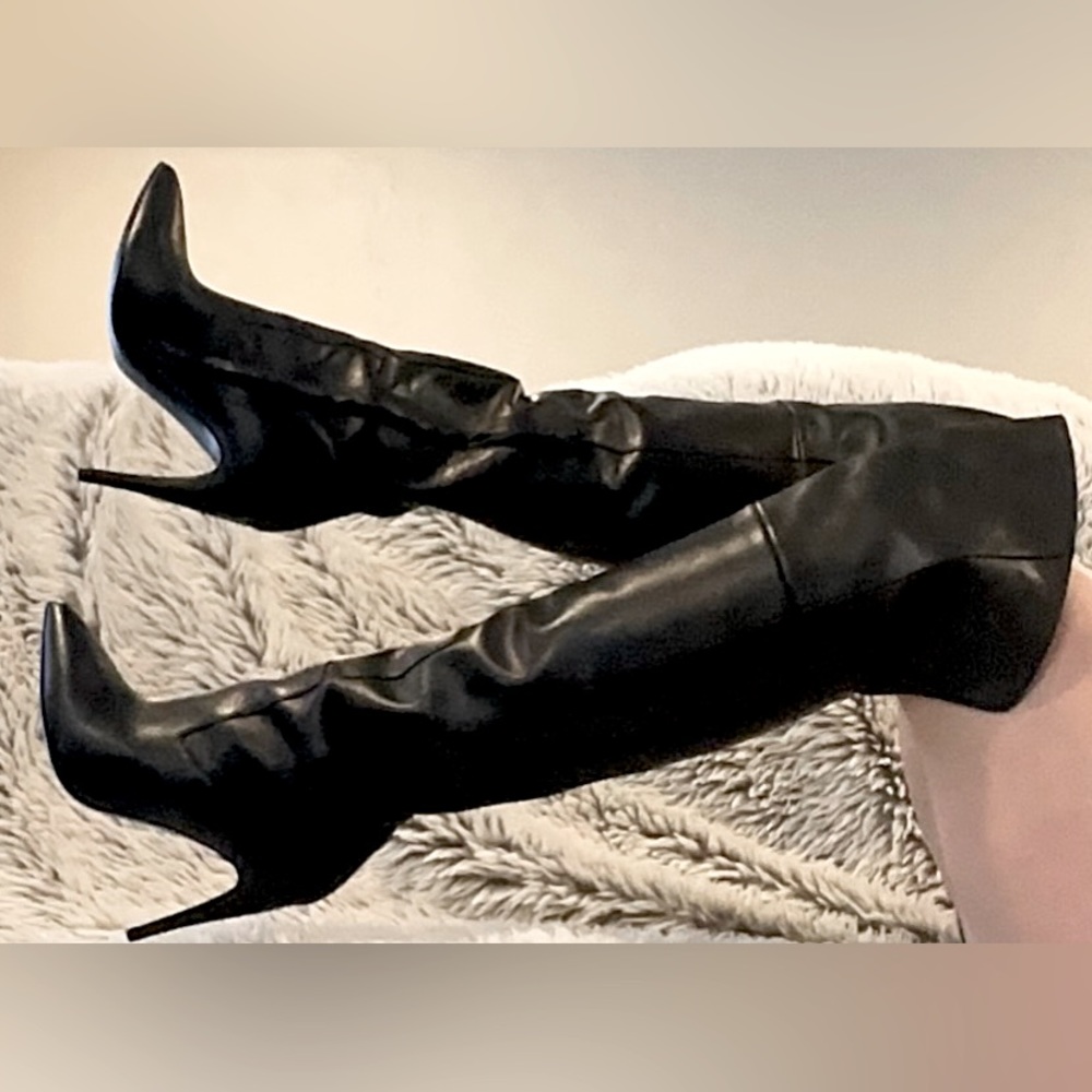 Halston Hertiage Olivia Over the Knee Leather Boots - Jet Black - Picture 3 of 12